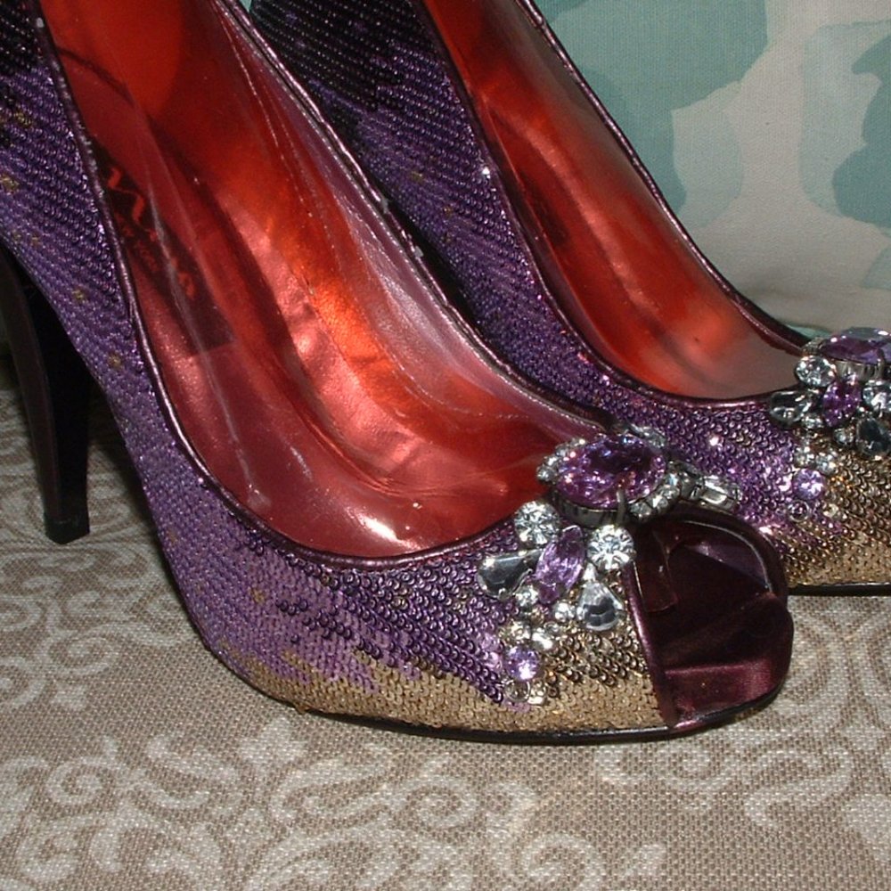Nina Gold Purple Sequin Crystal Peep Toe Heels